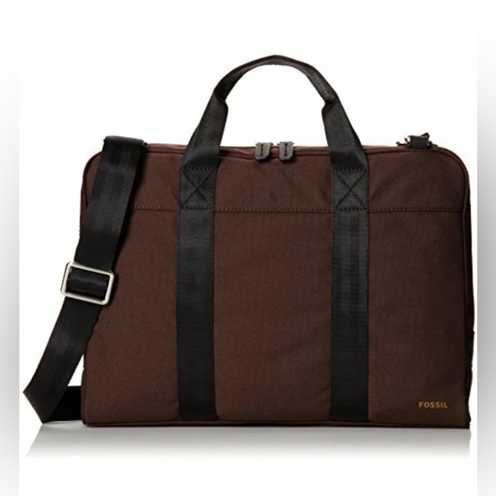 FOSSIL MERCER DARK BROWN+BLACK NYLON,ZIP MEN'S WORK BRIEFCASE,CROSS BODY,BAG